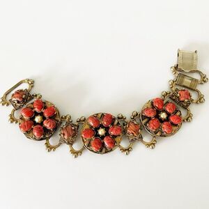 Vintage / Antique? Pink swirl glass cabochon pearl book chain link bracelet 7”